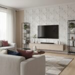 Mother of pearl shell tile used as wall decor in modern living room. Elegant seashell tile adds a luxurious touch to interior.