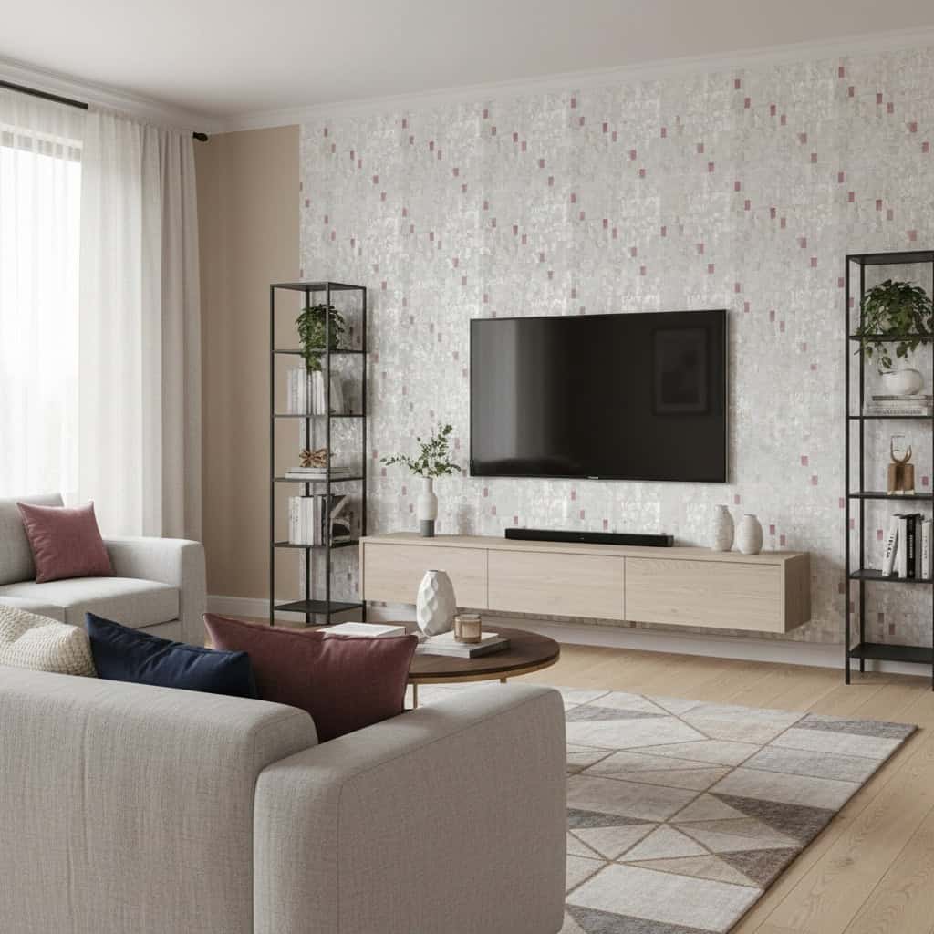 Mother of pearl shell tile used as wall decor in modern living room. Elegant seashell tile adds a luxurious touch to interior.