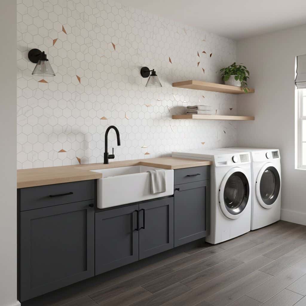 Modern laundry room with peel and stick tile backsplash, washer, and dryer.