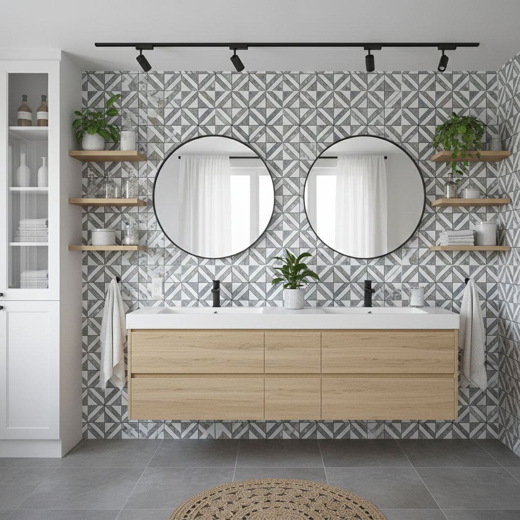 Two round mirrors above a modern wooden vanity with peel and stick tile backsplash.