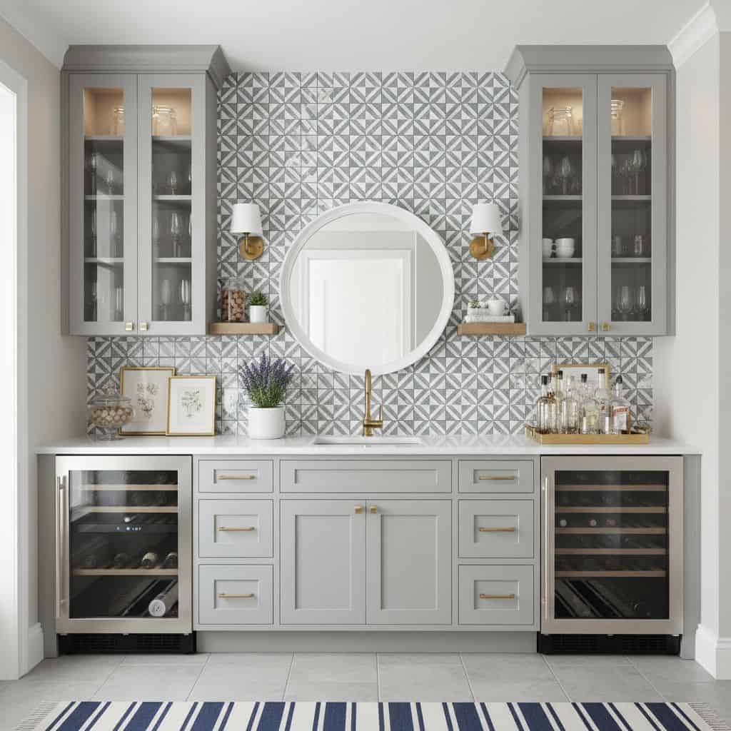 Modern kitchen with peel and stick tile backsplash, cabinetry, and decorative accents.