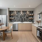 Modern kitchen with peel and stick tile backsplash and wooden cabinets.