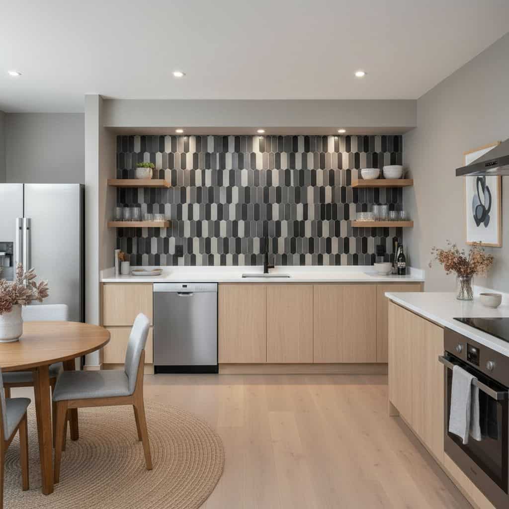 Modern kitchen with peel and stick tile backsplash and wooden cabinets.
