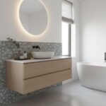 Bathroom featuring peel and stick wall tile backsplash, floating vanity, and freestanding bathtub for a sleek, contemporary l.