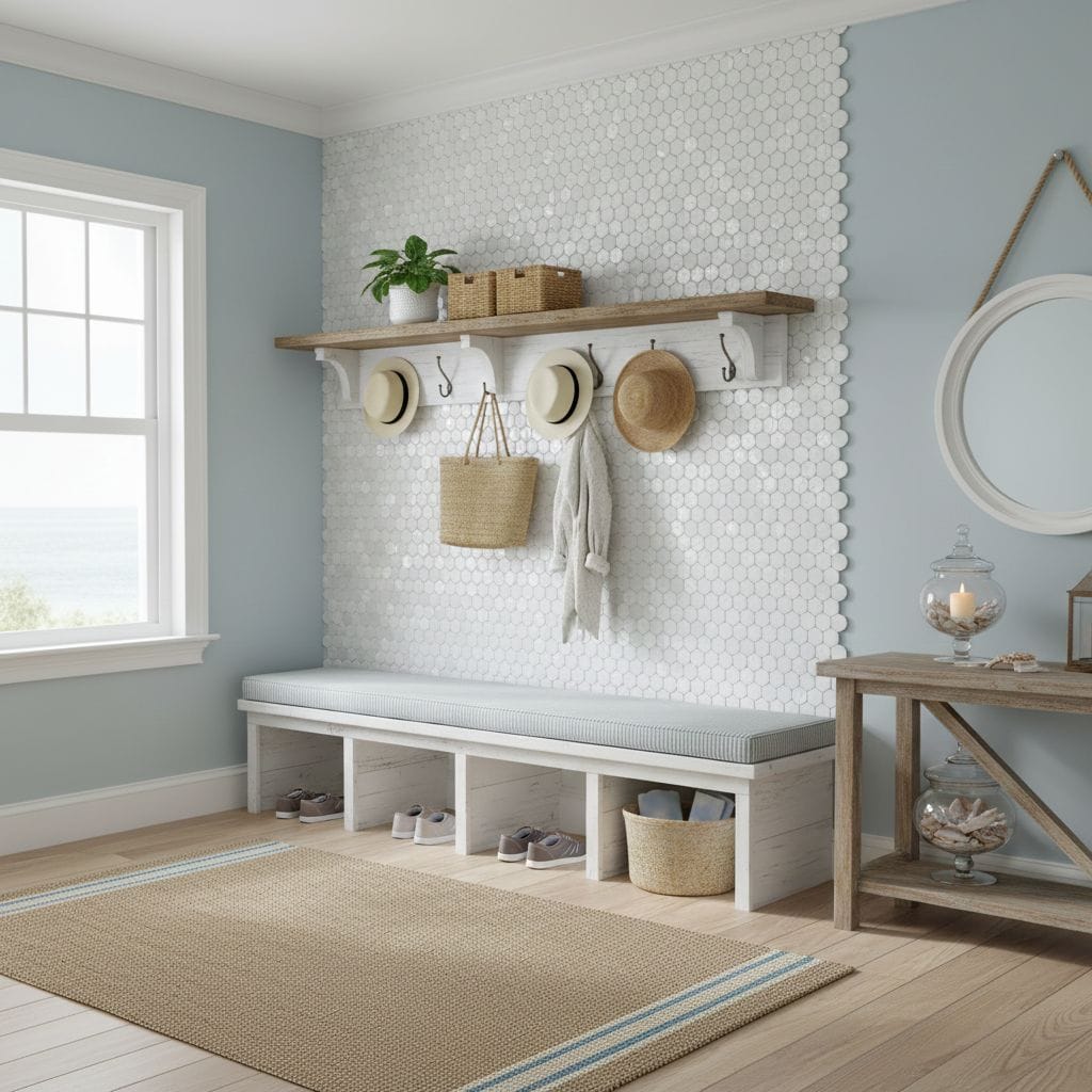 Decorative shell tile wall with mother of pearl accents in a bright, airy entryway. Features a wooden bench, hooks, and coast.