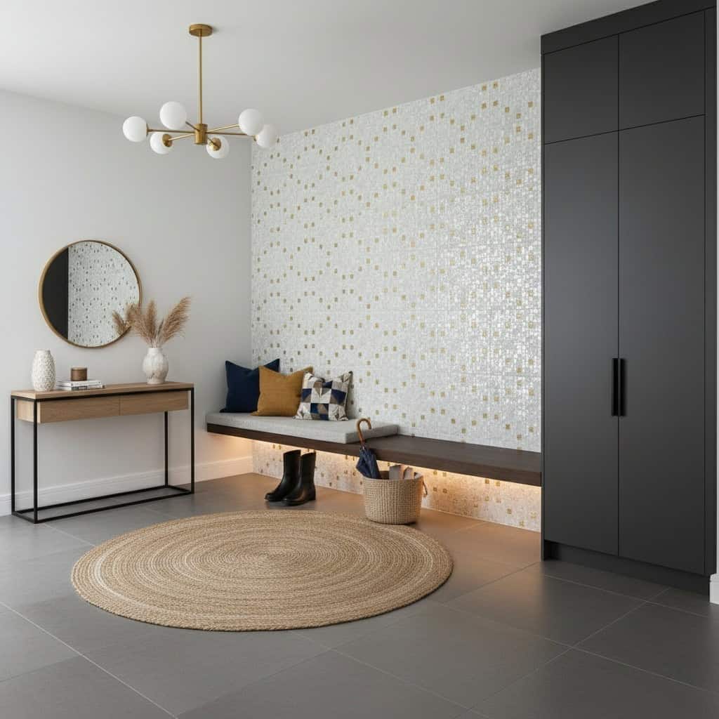 A modern interior featuring a wall decorated with mother of pearl shell tiles, creating a shimmering, elegant accent in a con.