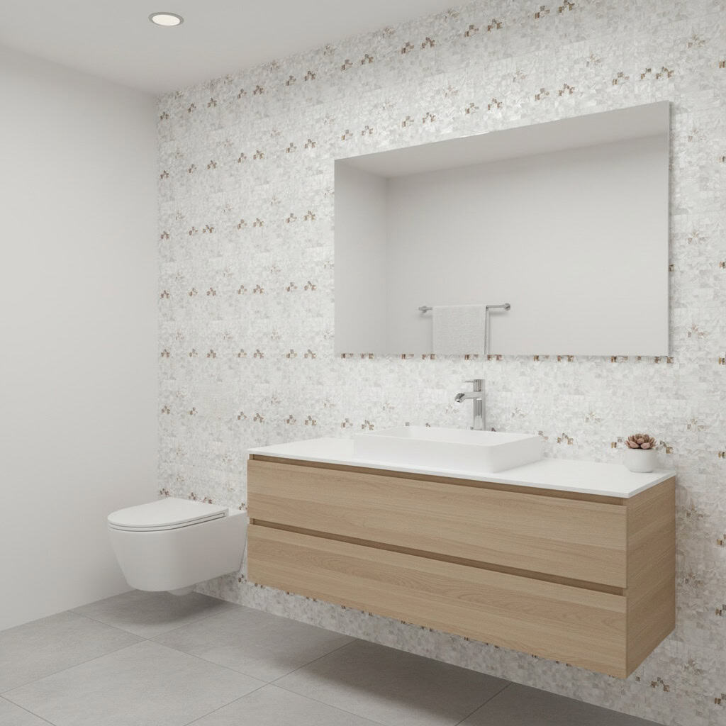 Mother of pearl shell tile used on bathroom wall with floating vanity and mirror.