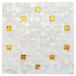Mother of pearl shell tile with gold accents, perfect for elegant interior design and luxurious wall or floor applications.