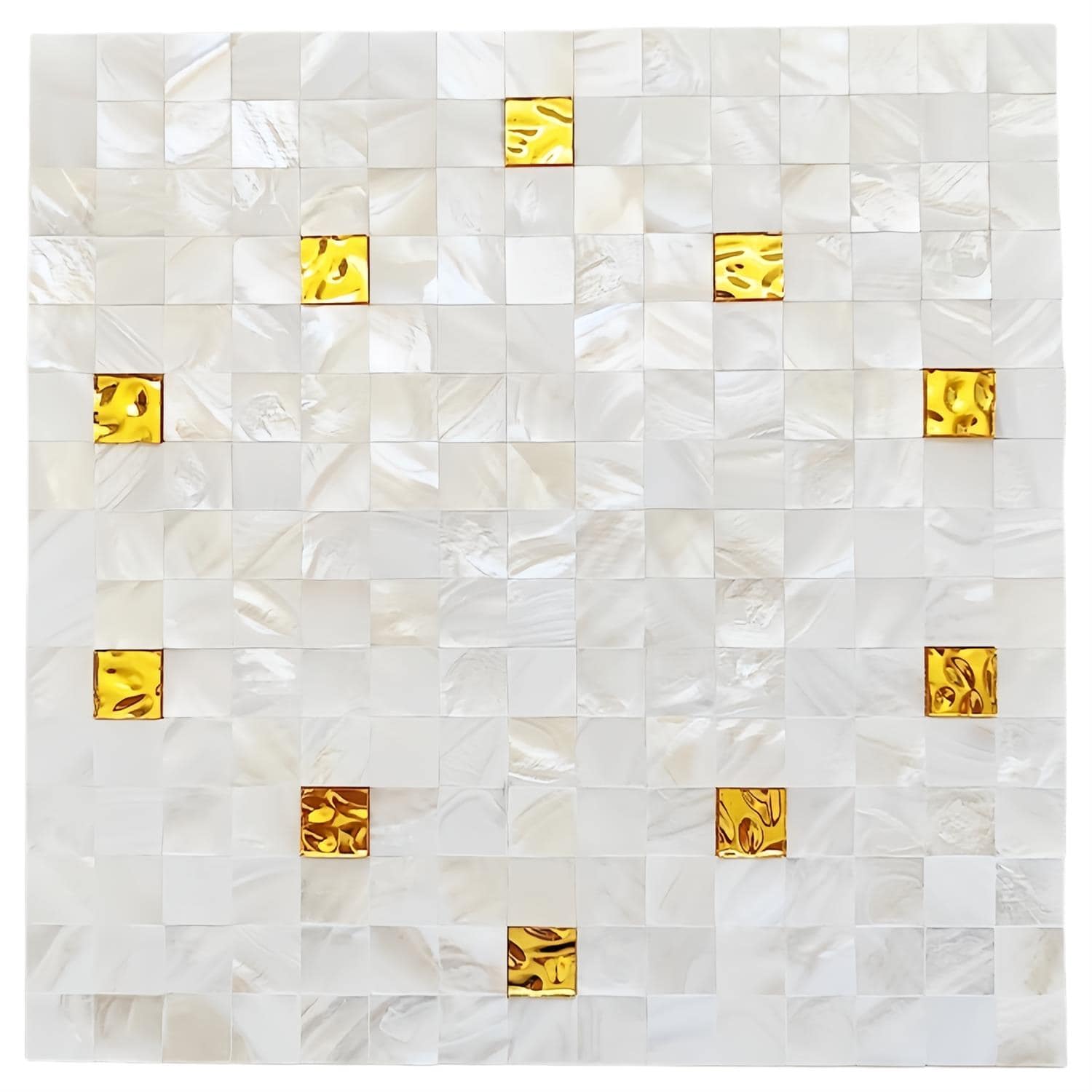 Mother of pearl shell tile with gold accents, perfect for elegant interior design and luxurious wall or floor applications.