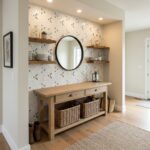 Decorative shell tile wall with mother of pearl accents and floating wooden shelves. Perfect for adding a coastal touch to ho.