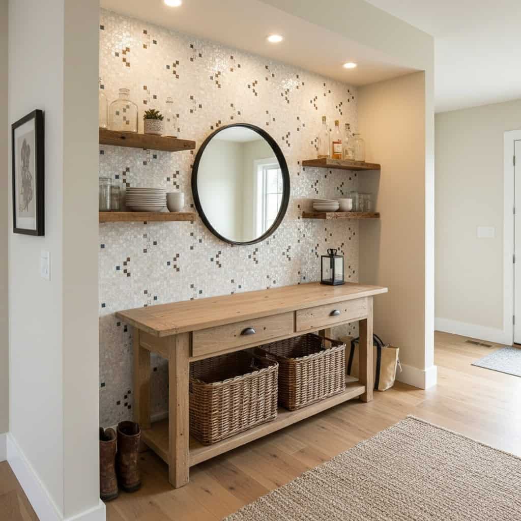 Decorative shell tile wall with mother of pearl accents and floating wooden shelves. Perfect for adding a coastal touch to ho.