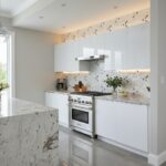 Mother of pearl shell tile backsplash in modern kitchen setting.