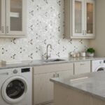 Mother of pearl shell tile with iridescent finish in a modern kitchen setting.