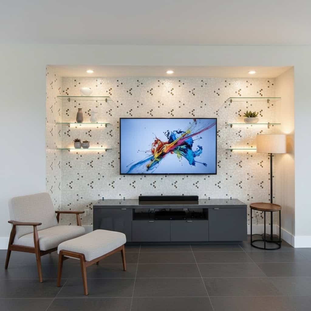 Beautiful shell tile wall with mother of pearl accents in a modern living room.