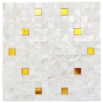 Mother of pearl shell tile with yellow and brown accents, perfect for elegant interior decor.