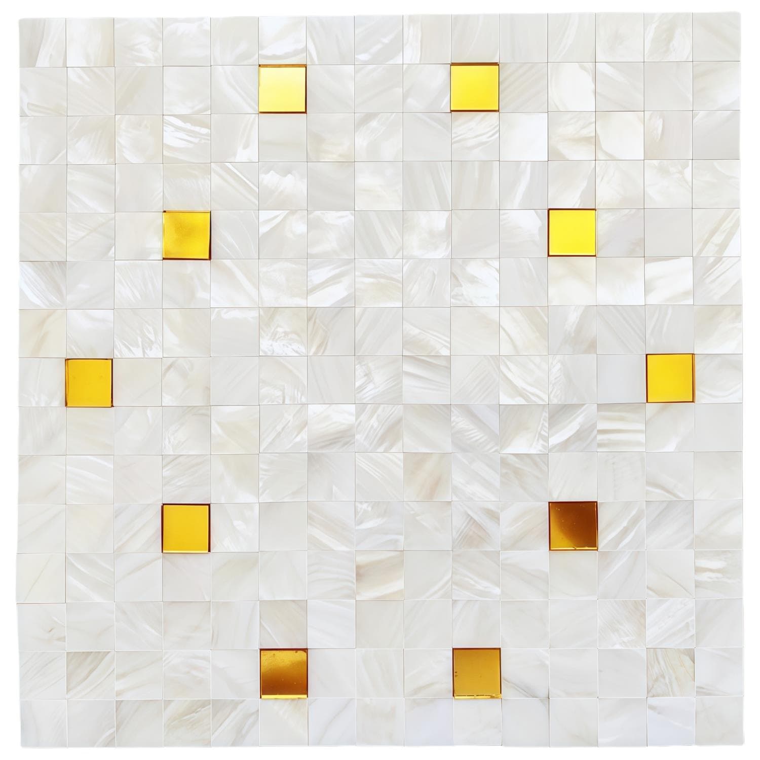 Mother of pearl shell tile with yellow and brown accents, perfect for elegant interior decor.