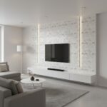 Modern living room with a stunning mother of pearl shell tile feature wall behind the TV.