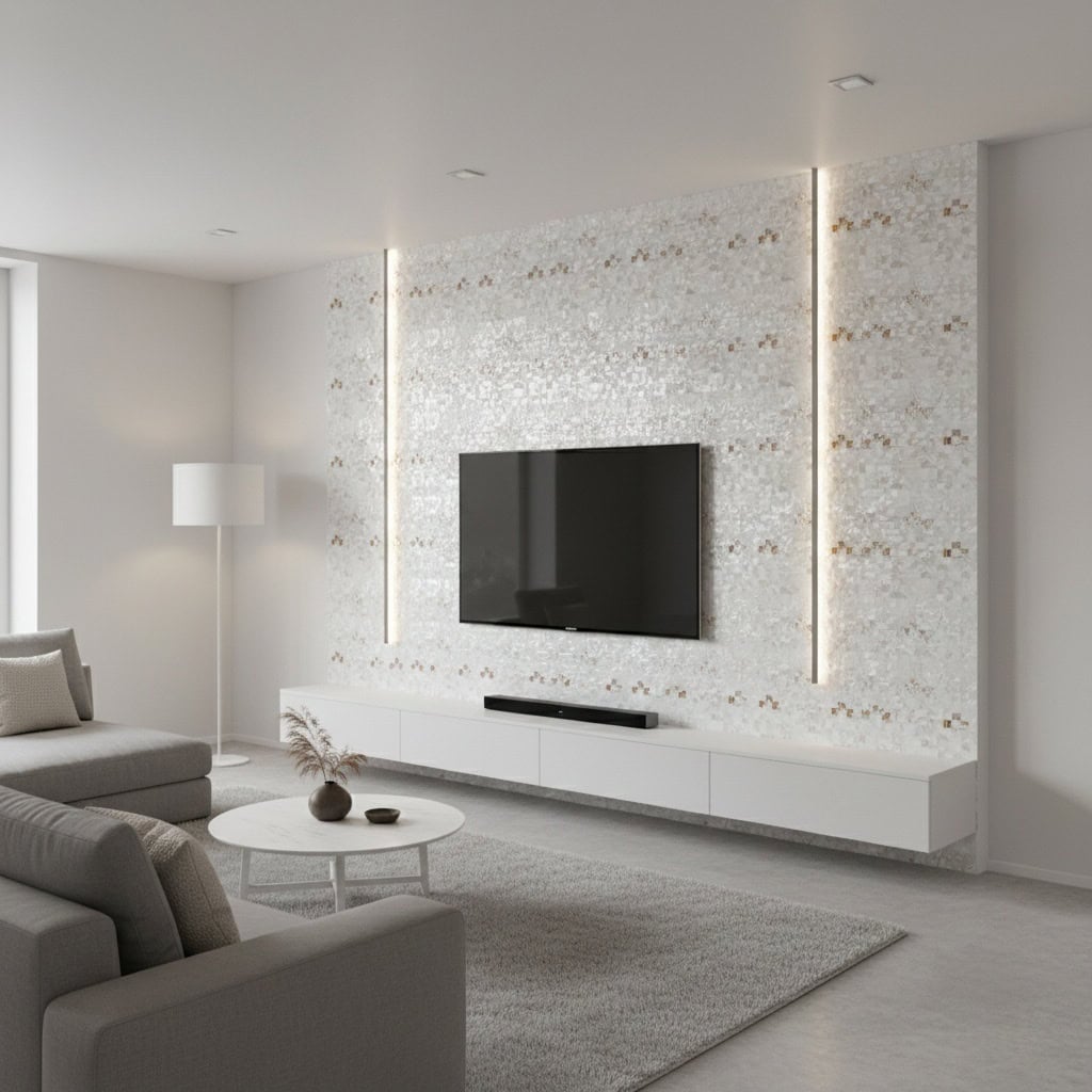 Modern living room with a stunning mother of pearl shell tile feature wall behind the TV.