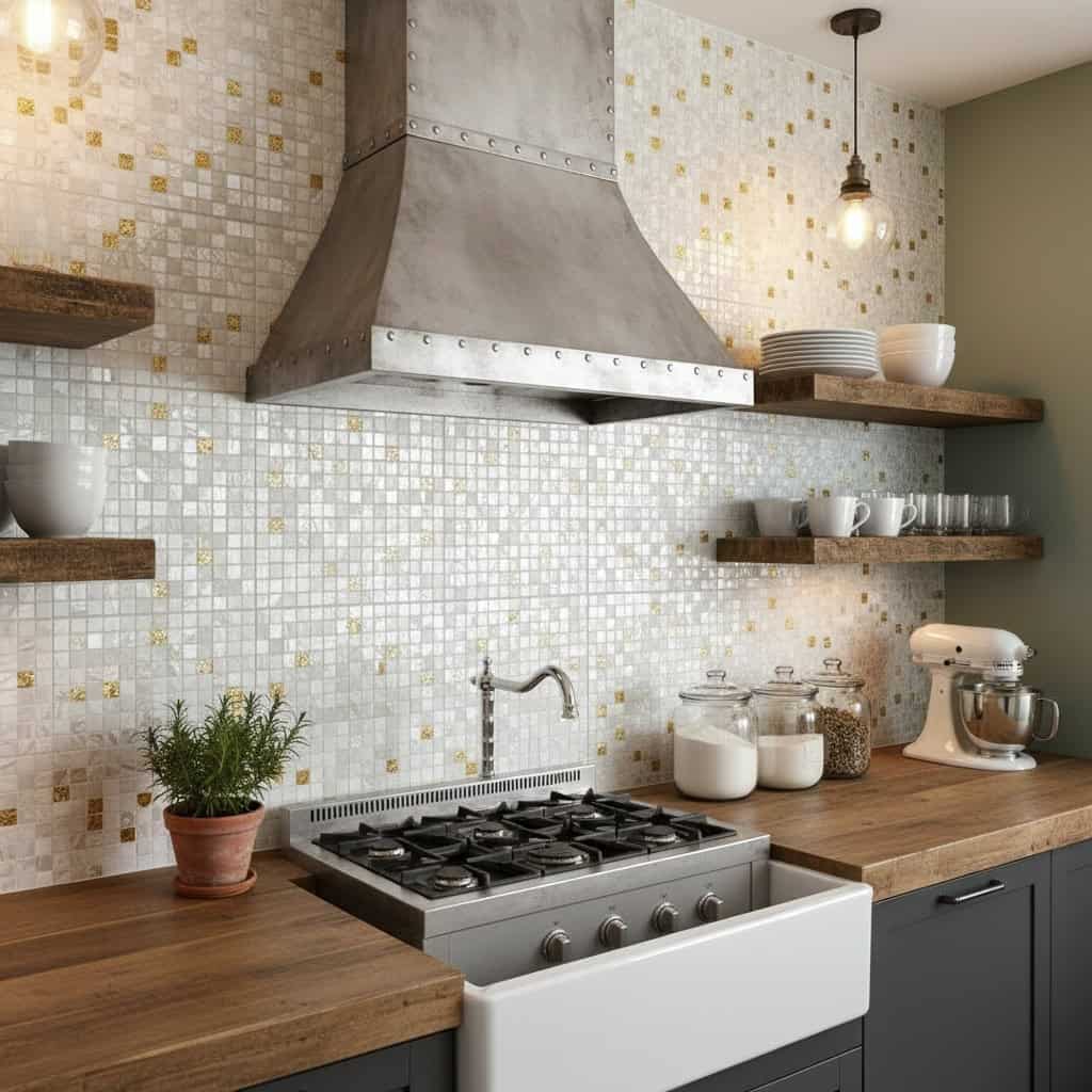 Mother of pearl shell tile used as a kitchen backsplash with a modern design and natural wood accents.