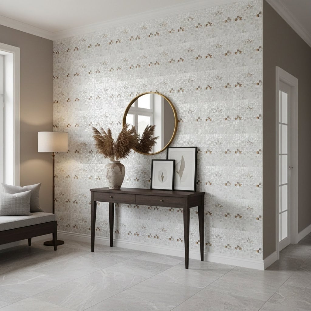 Decorative shell tile wall with mother of pearl accents in a modern interior setting.