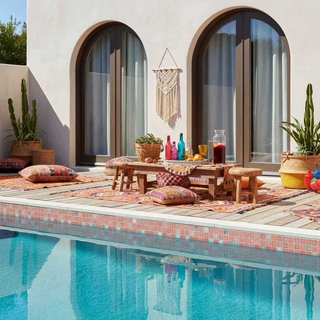 Poolside glass tile backsplash with outdoor seating and decorative cushions.