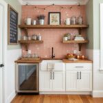 Beautiful glass mosaic tile backsplash in a modern kitchen with open shelving and farmhouse accents.