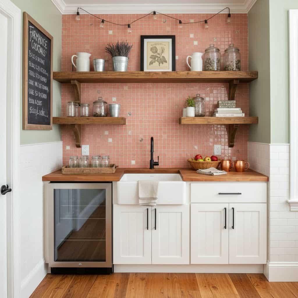 Beautiful glass mosaic tile backsplash in a modern kitchen with open shelving and farmhouse accents.