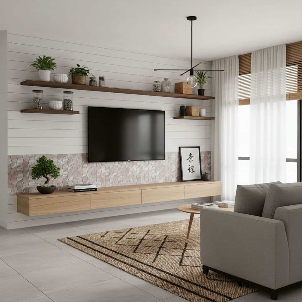 Modern living room featuring peel and stick wall tile behind TV and shelves, with a cozy gray sofa and natural light.