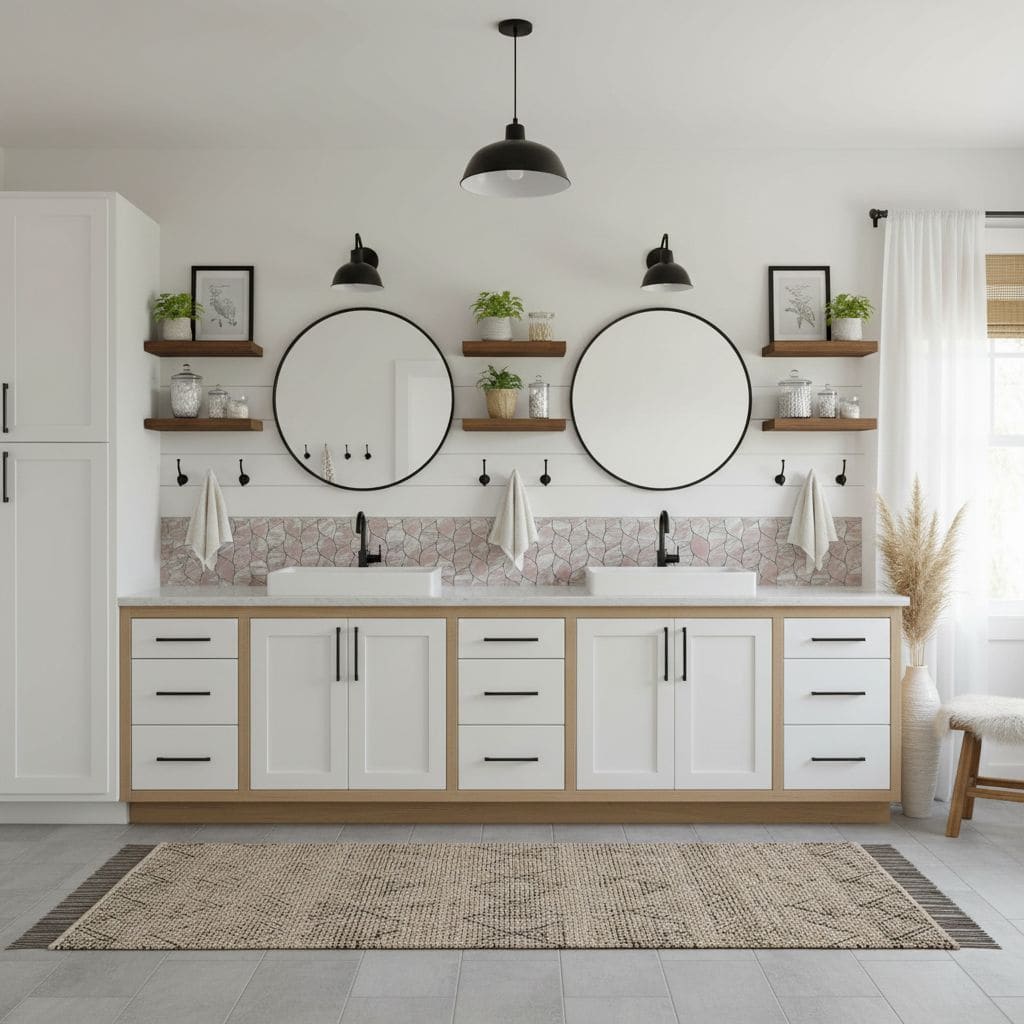 Mirror and Shelf Decor in Modern Bathroom.