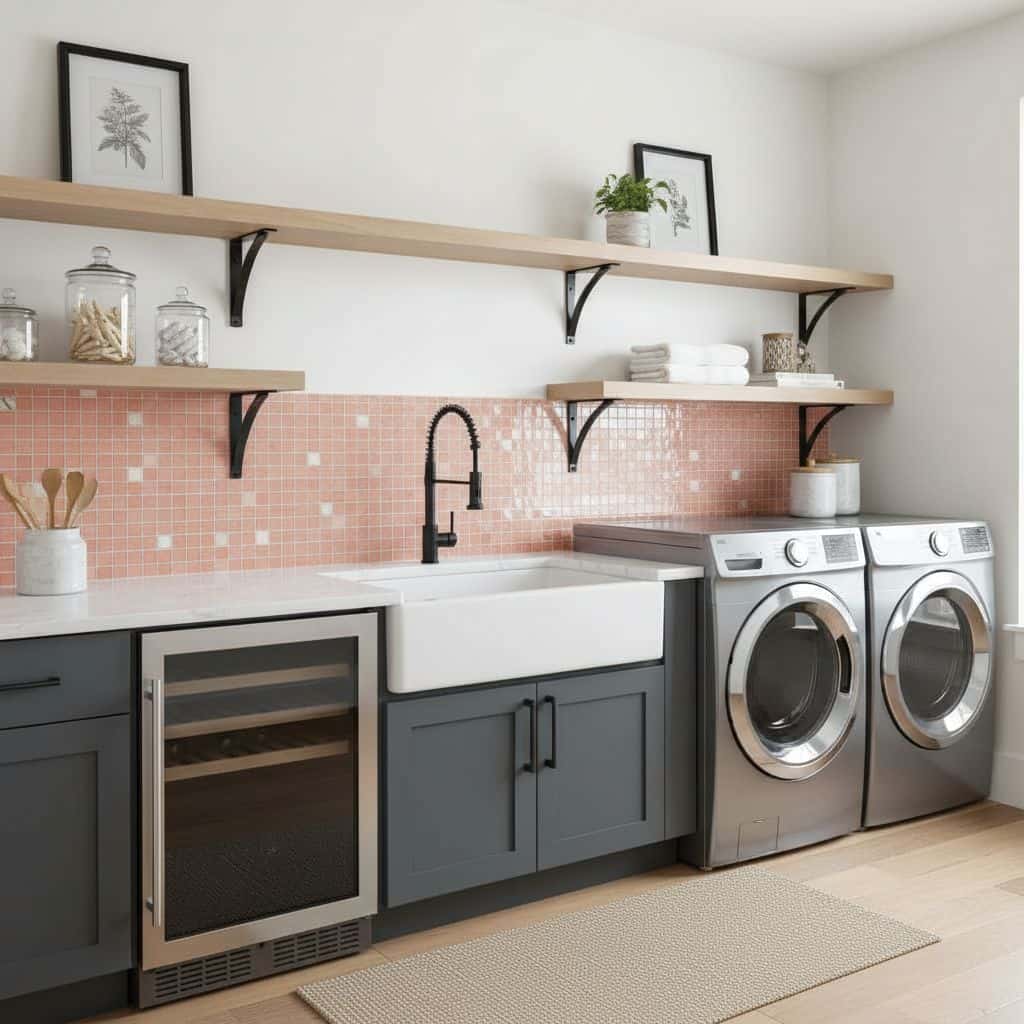 Bright laundry room featuring glass mosaic tile backsplash and modern appliances.