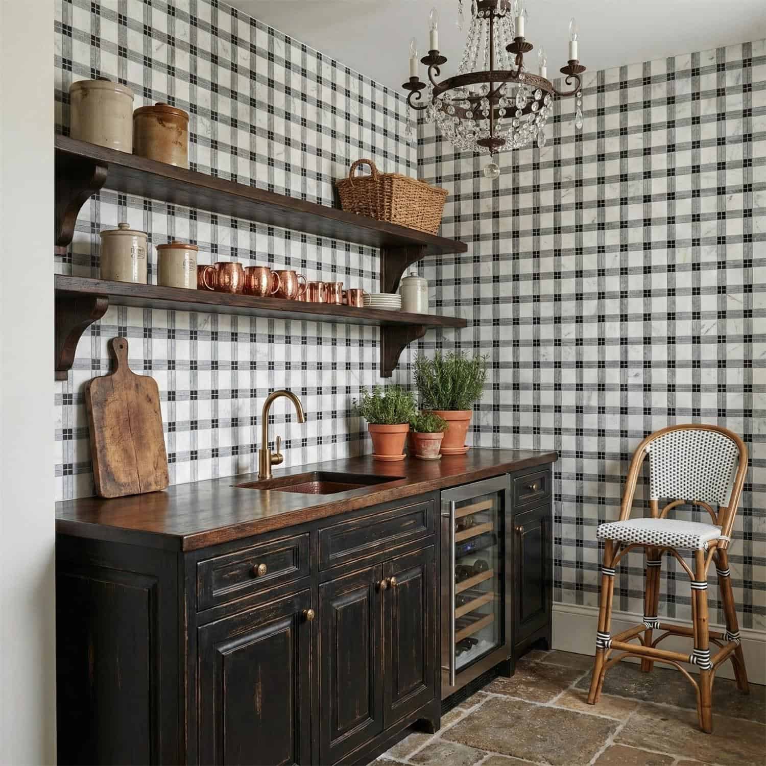 Black and white checkered ceramic tiles with a matte finish, used as wall decor in a rustic kitchen setting.