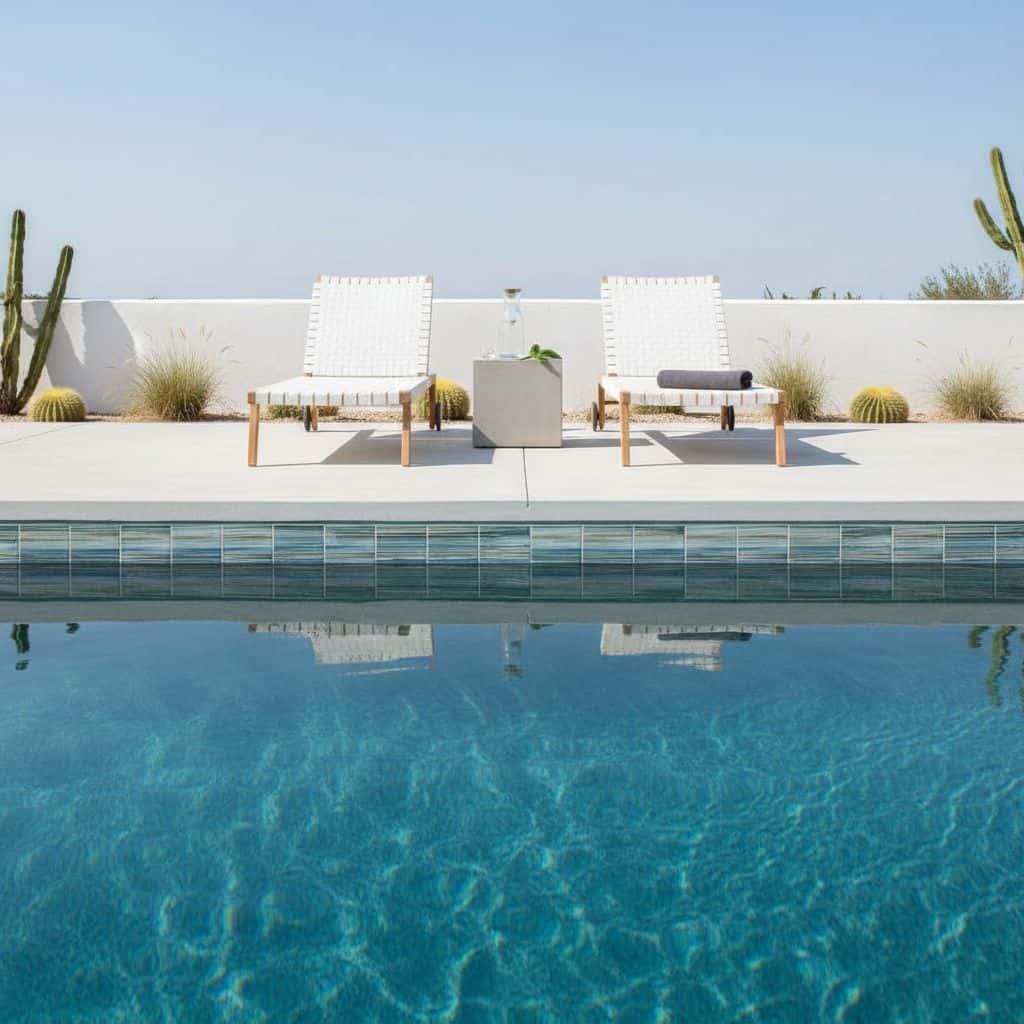 Poolside outdoor space with modern lounge chairs and desert plants, featuring a clear blue swimming pool.