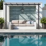 Glass tile backsplash for pool area with modern outdoor furniture and decorative pillows.