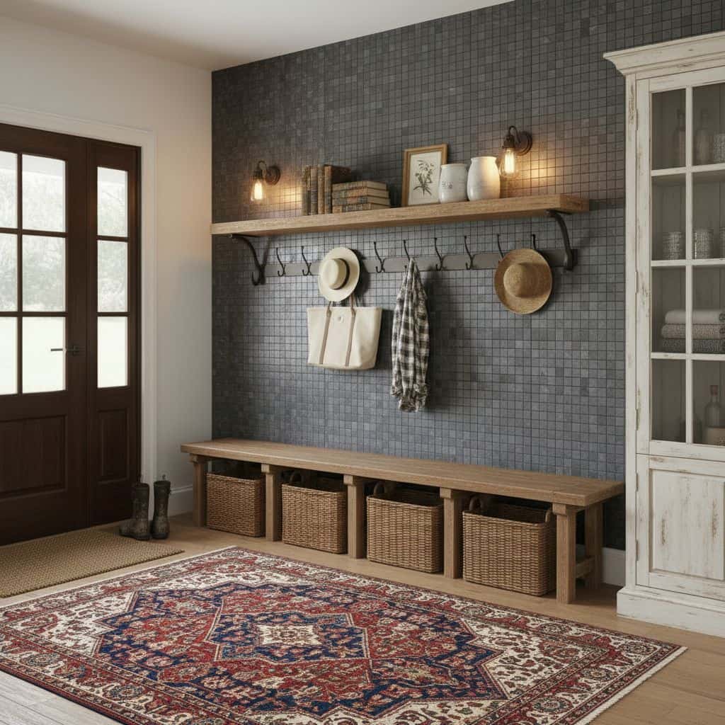 A textured dark gray tile wall with a wooden shelf, hooks, and decorative items in a cozy entryway.