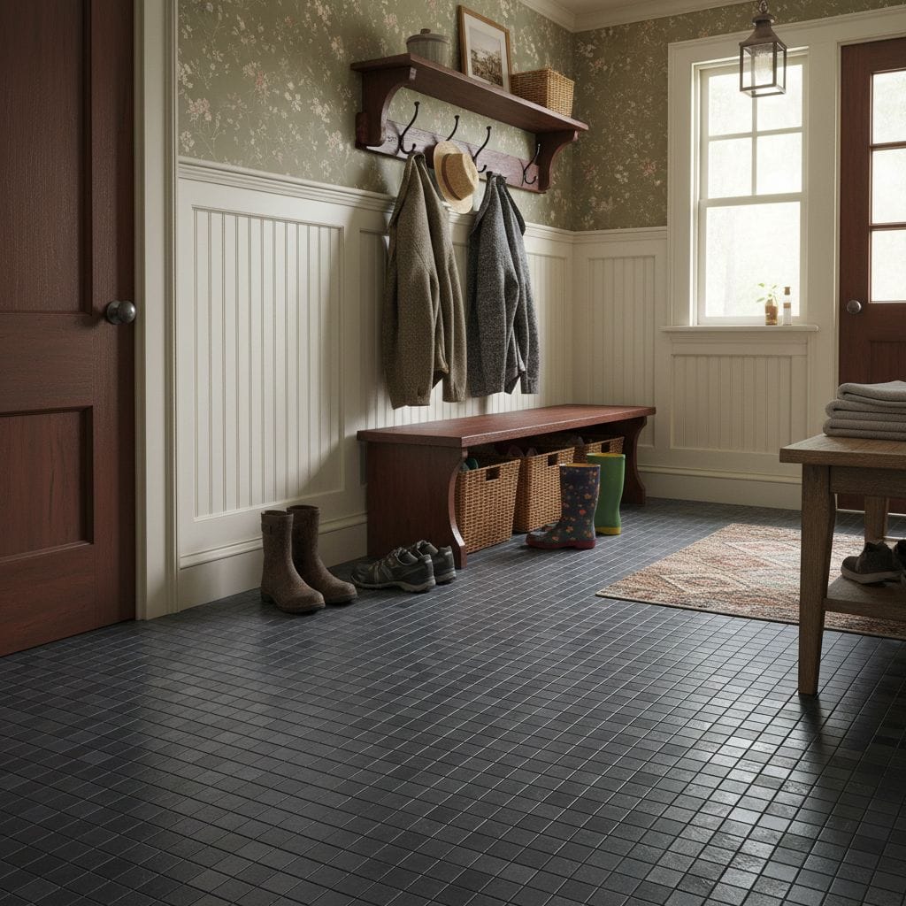 Dark textured ceramic tile flooring in a welcoming entryway.