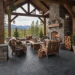 Cozy outdoor lounge with black slate tile flooring, wooden furniture, and a stone fireplace, overlooking scenic mountains and.