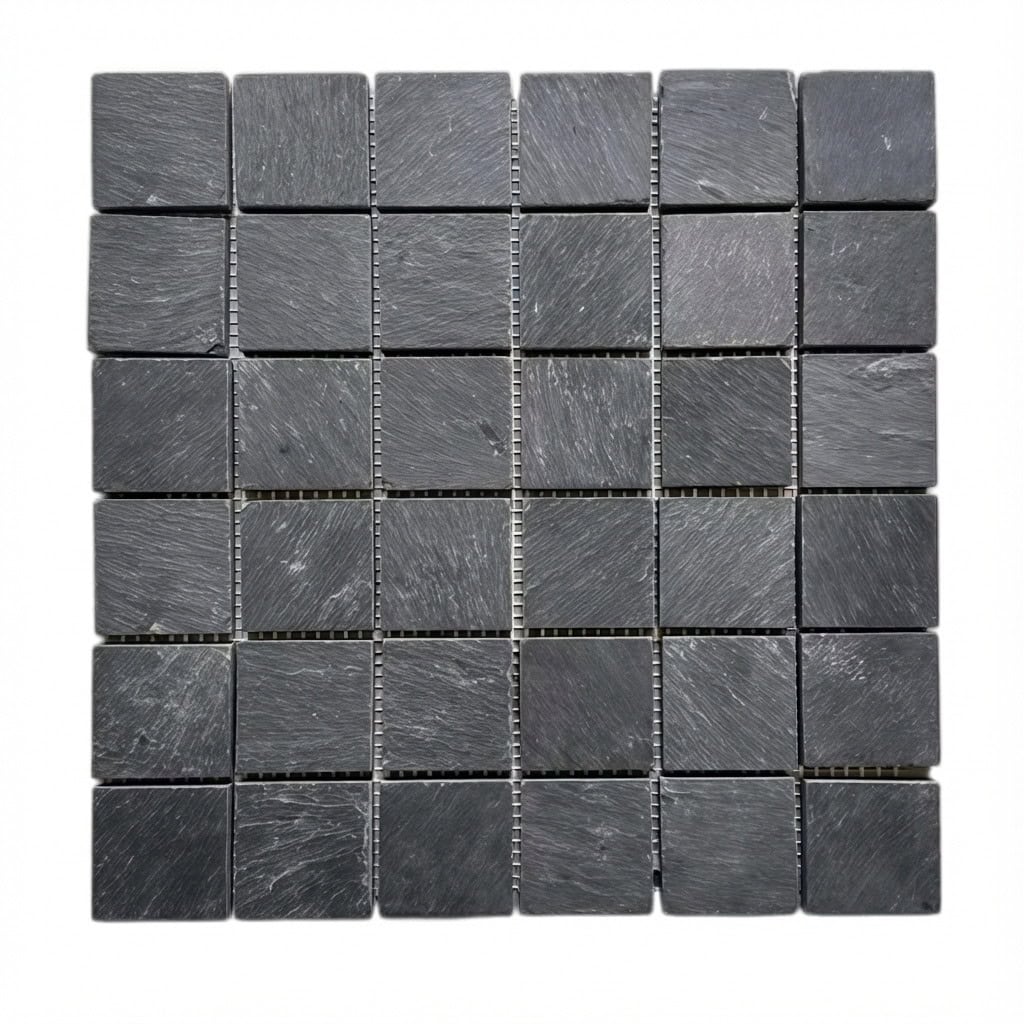 Charcoal gray slate tiles with a natural, textured surface and matte finish, ideal for modern and rustic interior or exterior.