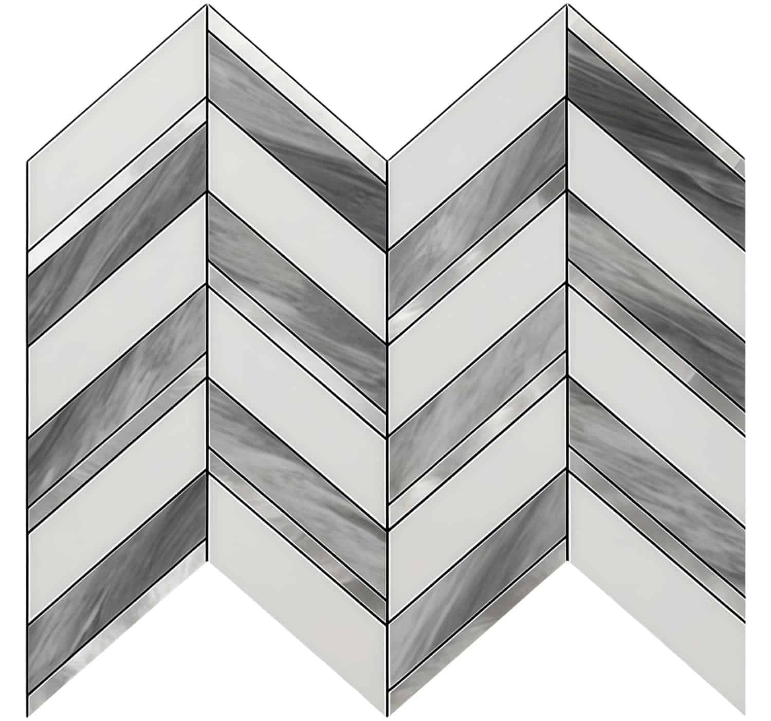 Modern peel and stick wall tile with a chevron pattern in white and gray tones.