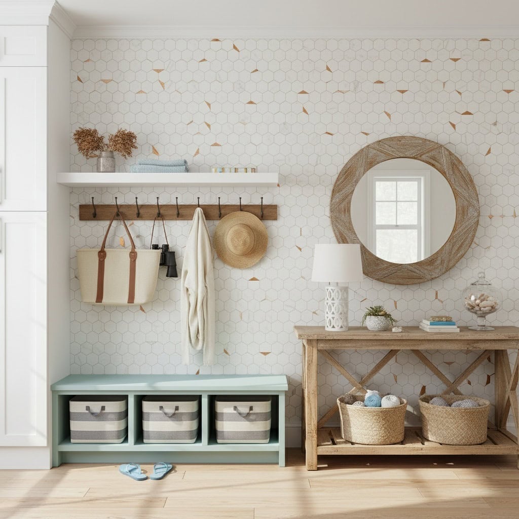 Light-colored hexagon tiles with subtle texture and warm wood accents create a cozy, modern entryway. Perfect for a stylish,.
