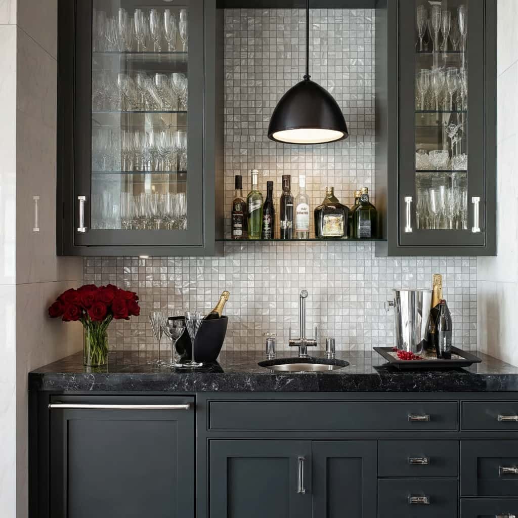 A modern kitchen featuring a sleek backsplash made of mother of pearl shell tiles, complemented by dark cabinetry and elegant.