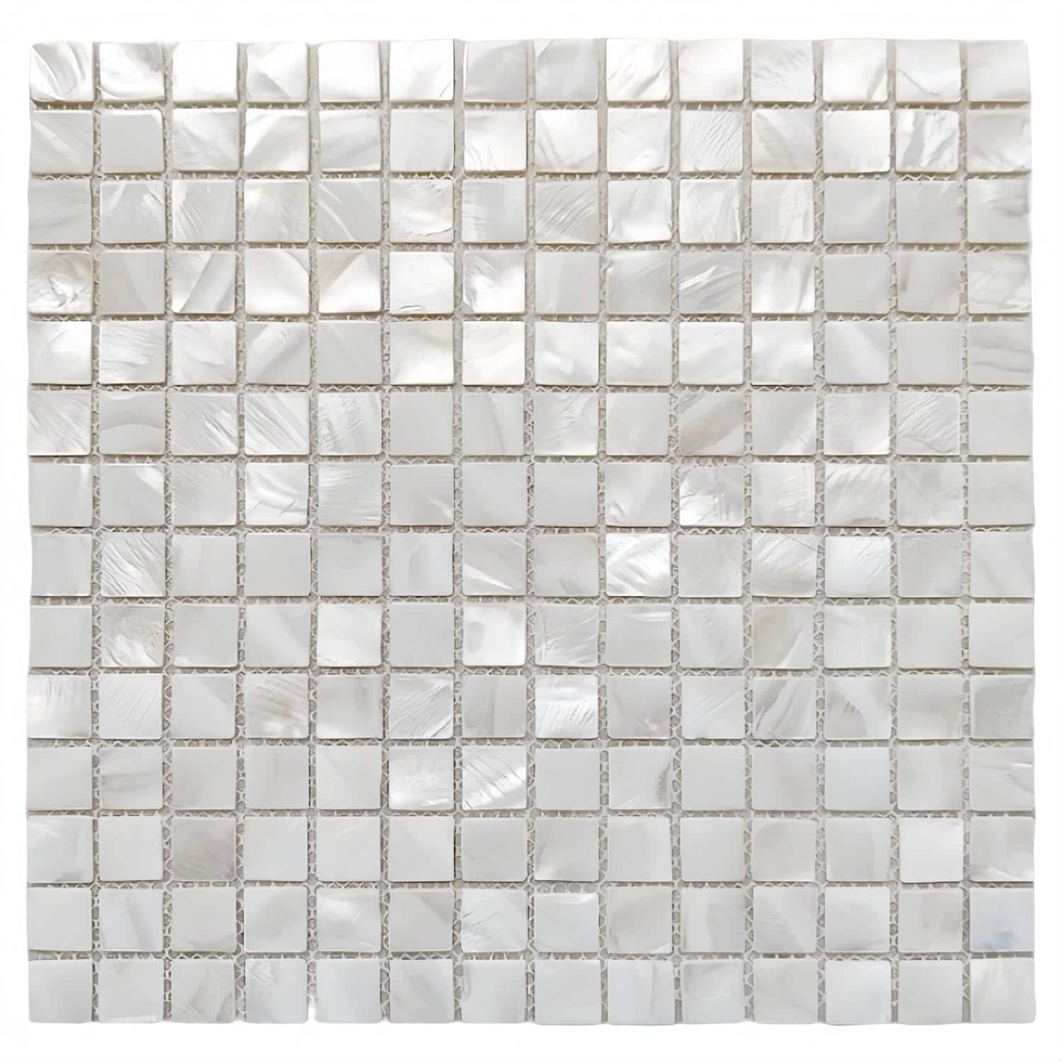 Mother of pearl shell tile with iridescent, shimmering surface, perfect for luxurious wall and backsplash designs.
