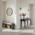 Decorative shell tile wall with mother of pearl accents in a modern entryway.