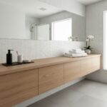 A modern bathroom featuring a sleek wooden vanity with seashell tile accents and a potted orchid for a natural, elegant touch.