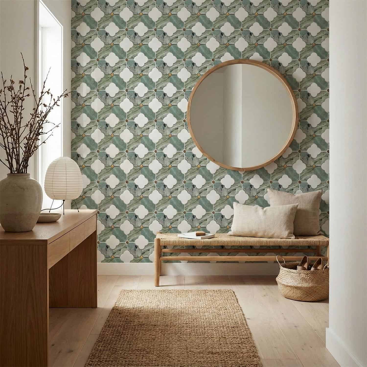 Green and white patterned ceramic tile wall with a round mirror, creating a fresh and stylish entryway or living space accent.