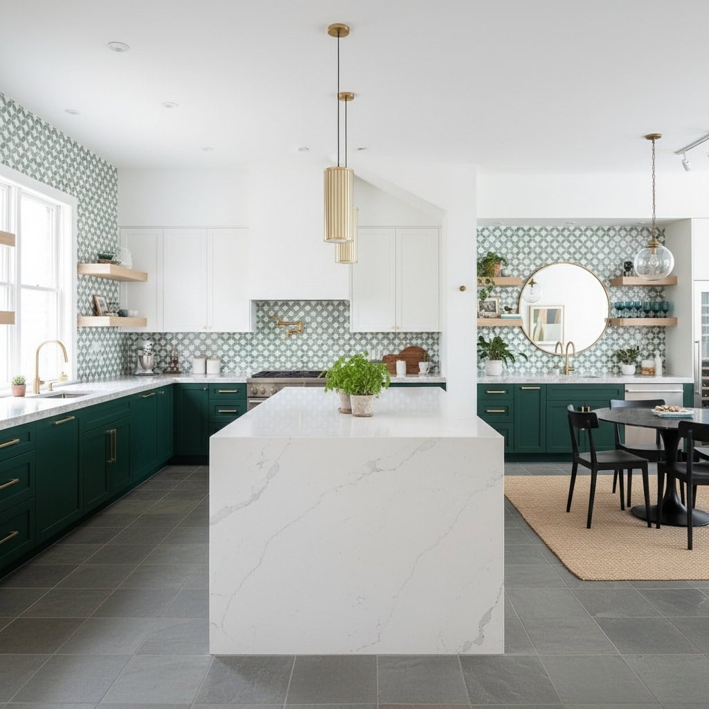 Bright kitchen featuring green lower cabinets, white upper cabinets, and a marble island. Decor includes open shelves, round.