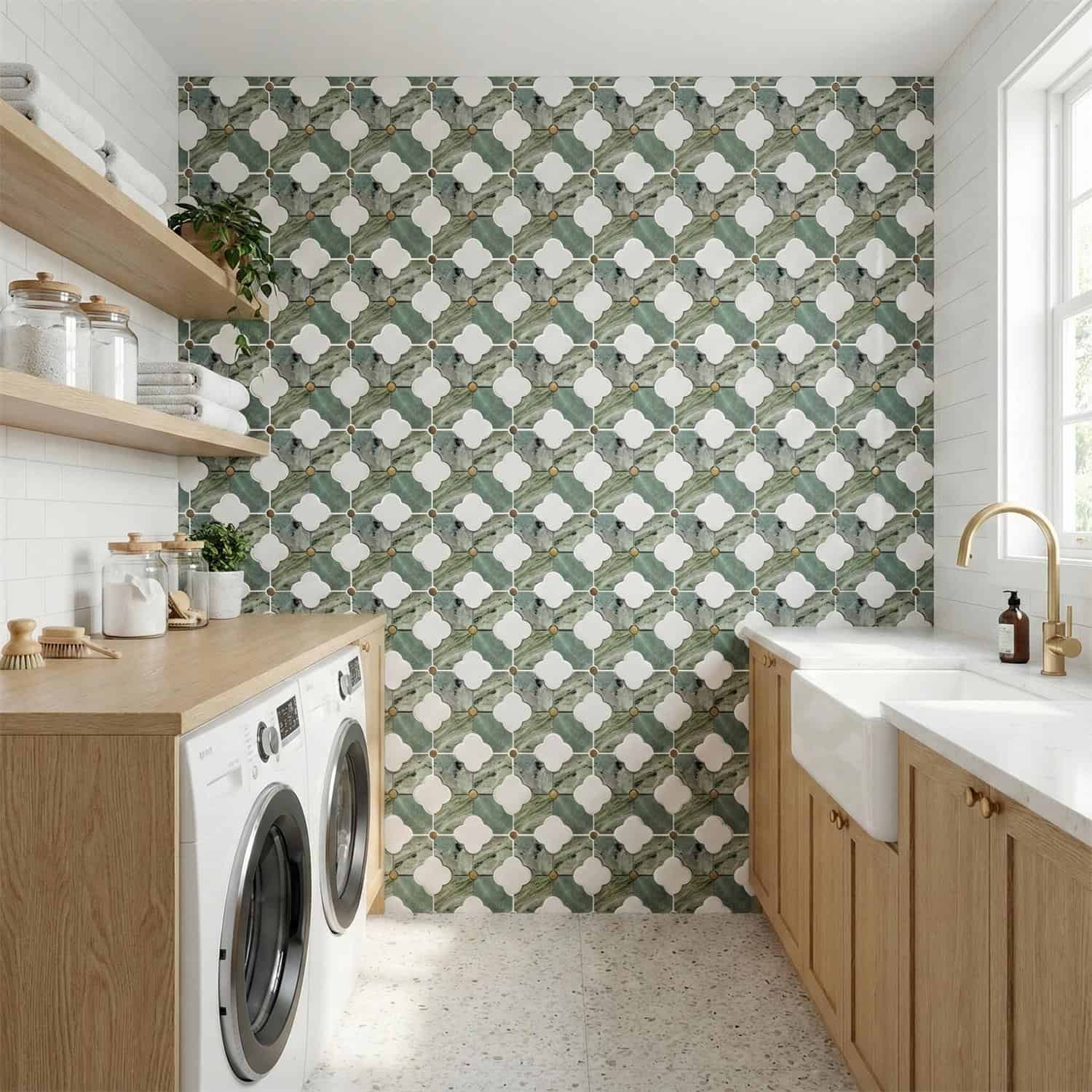 Colorful geometric patterned tiles in shades of green, white, and beige.