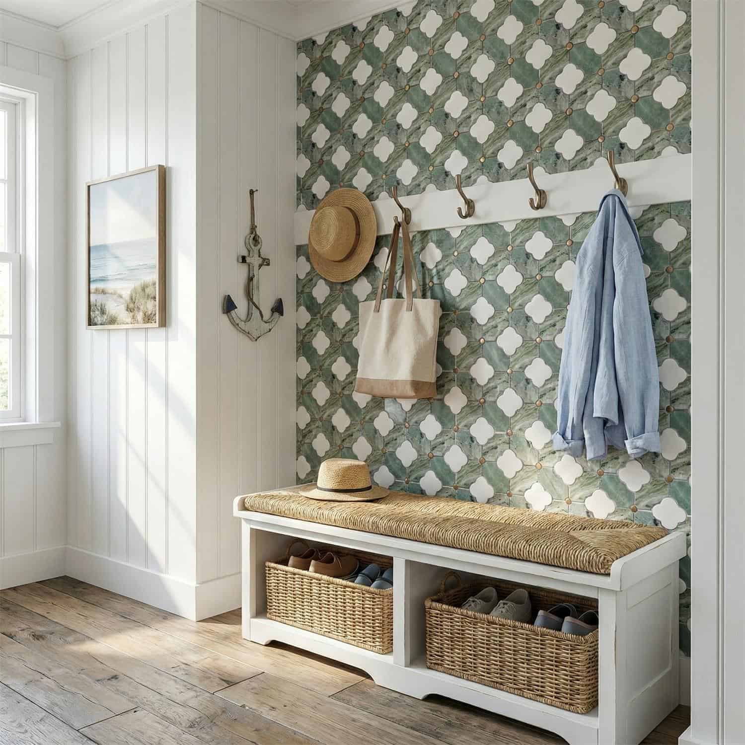 Blue and white patterned tile wall with hooks for hanging hats, bags, and clothes, creating a charming coastal-inspired entry.