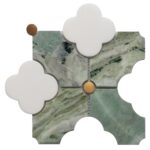 Green marble tile with white cloud-shaped insets, smooth texture, and natural stone appearance.