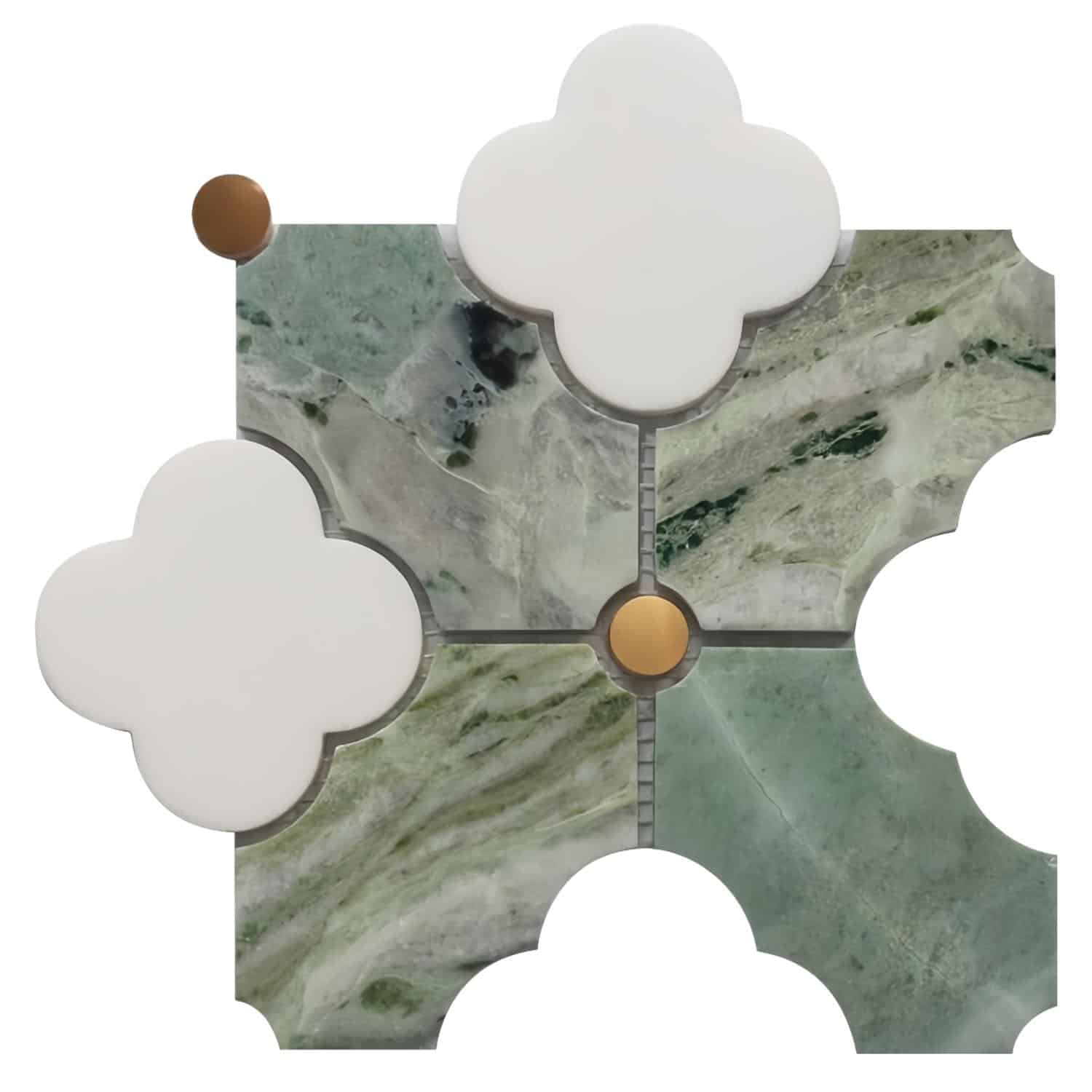 Green marble tile with white cloud-shaped insets, smooth texture, and natural stone appearance.