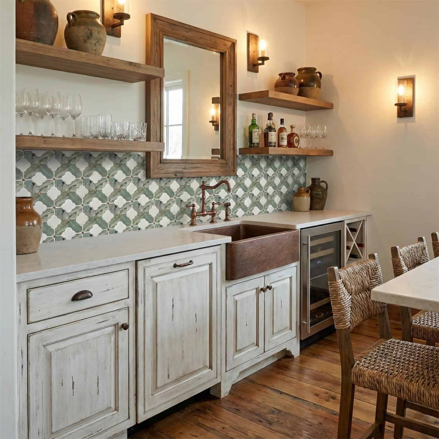 Rustic ceramic tile backsplash with green and white patterns in a cozy kitchen setting.